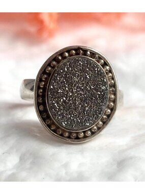 Black Druzy Quartz Beaded Southwest Sterling Silver 925 Vintage Ring - sz 5.75